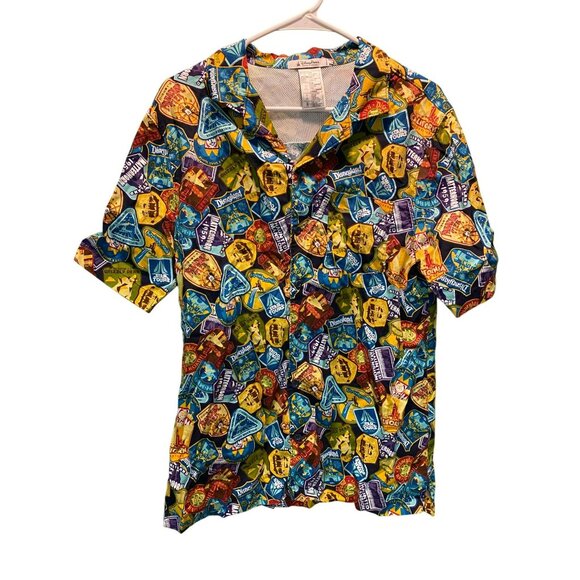 Disney Parks Disneyland Attraction Badges Mens Button-Up Shirt Medium Multicolor - Picture 1 of 7